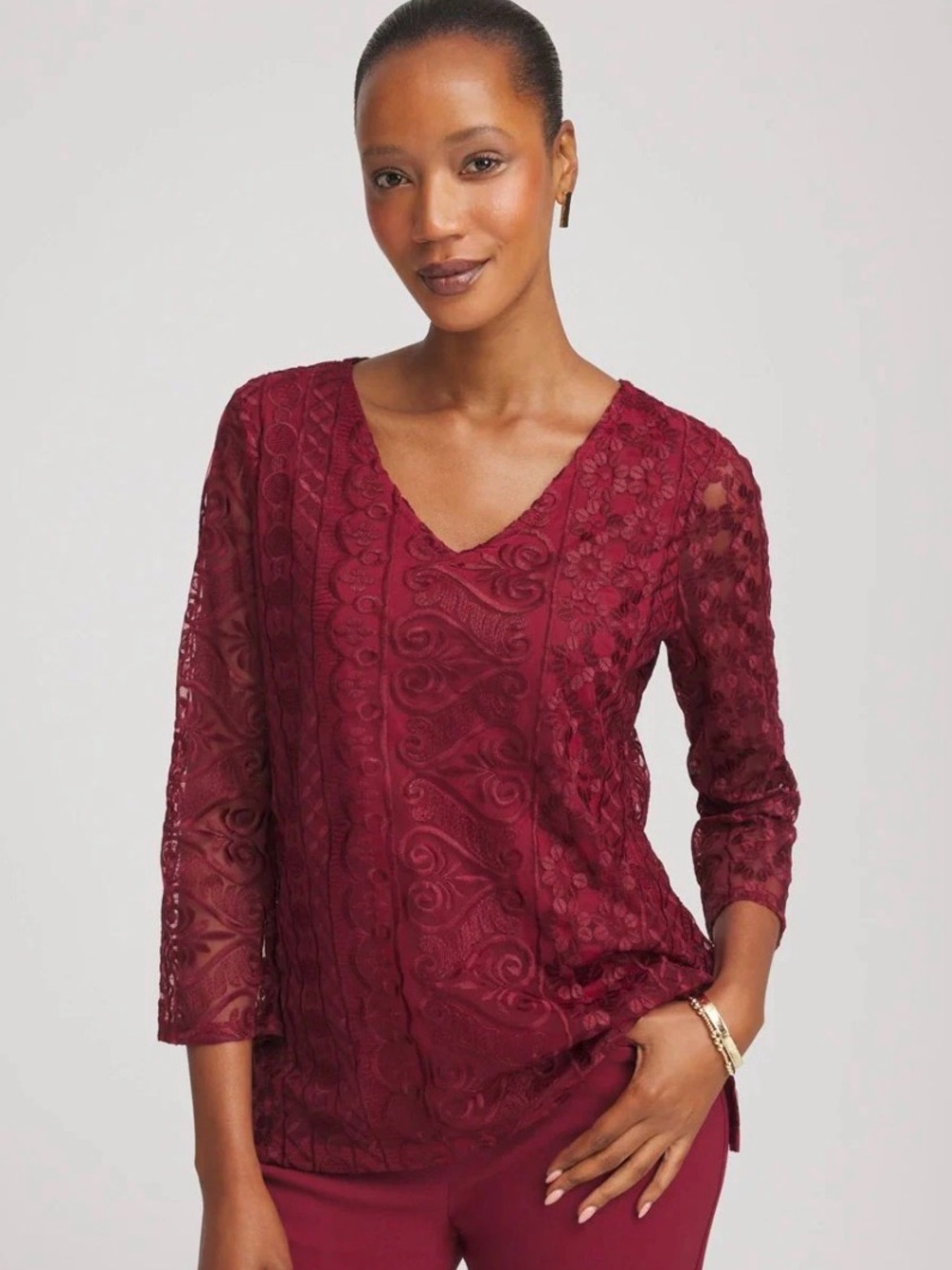 Chico’s Embroidered Mesh Tunic in wine